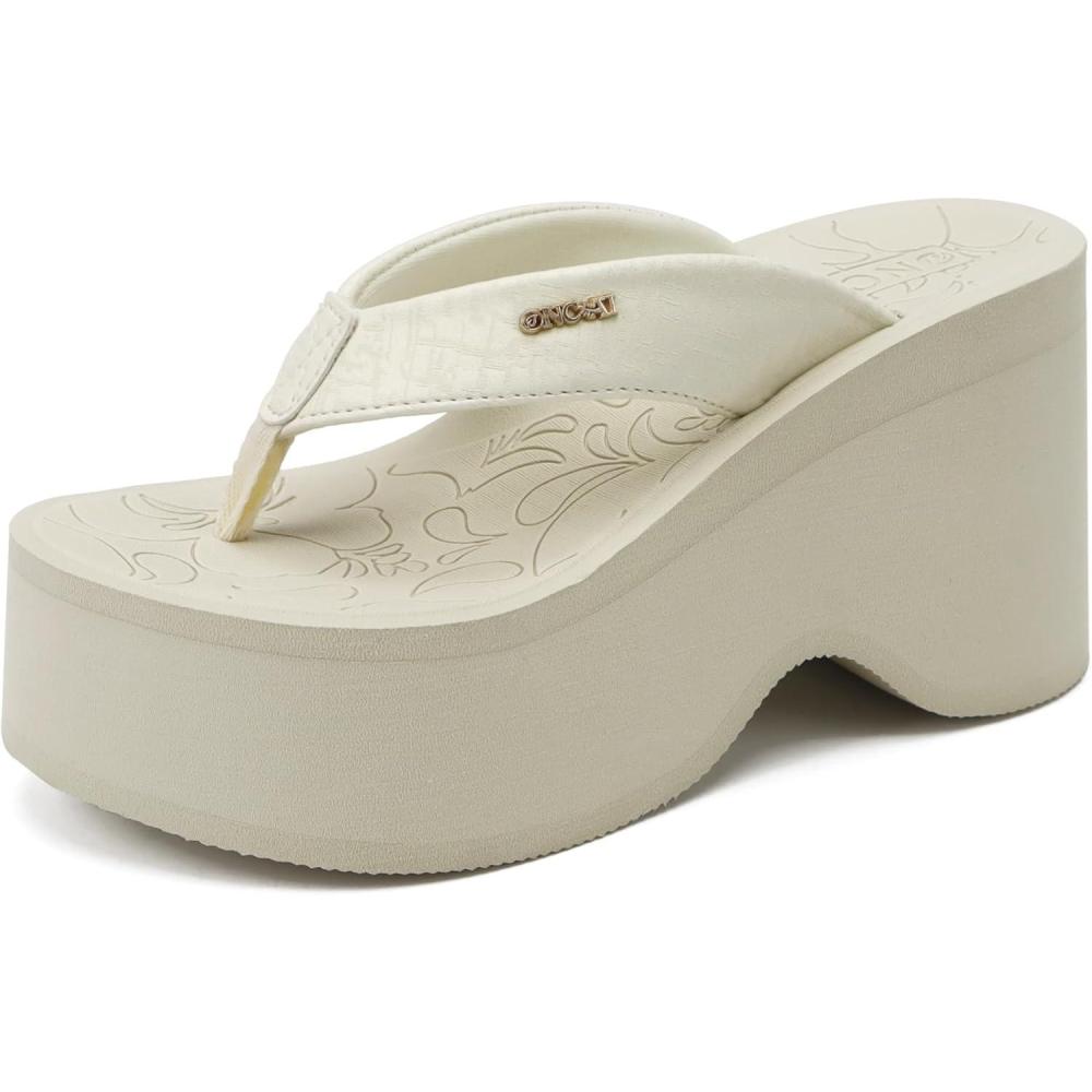 image:imageONCAI Womens Platform Wedge Flip Flops Thong Chunky Heels Sandals for Woman 2026 Slip On Foam Sole Shoes US Size 511Vine Off White