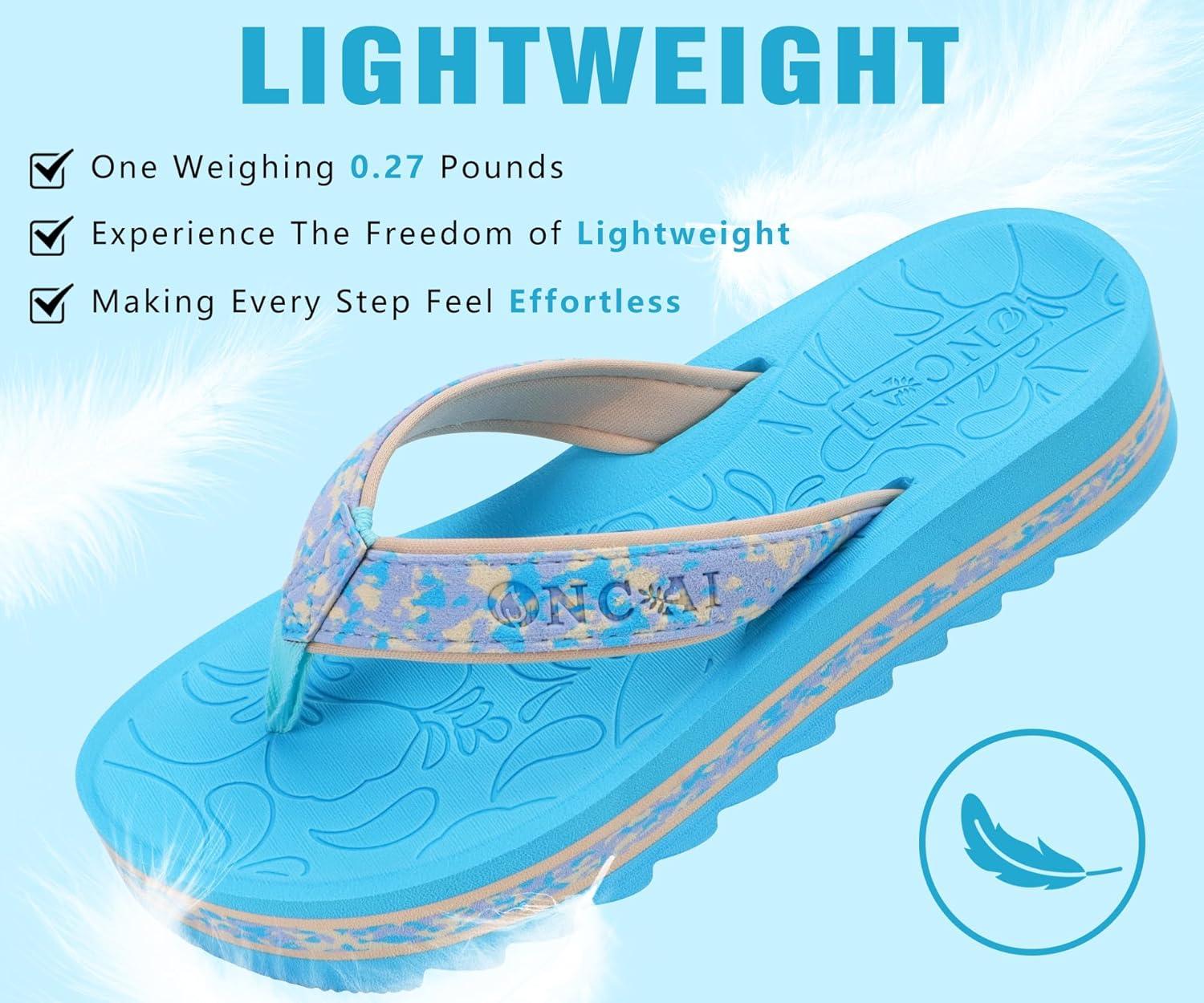 image:imageONCAI Flip Flops for Women Fashion Printed Platform Sandals Woman with Arch Support Yoga Mat Cushion Lightweight Summer Beach Outdoor Chunky NonSlip Rubber Soles US Size 511Blue