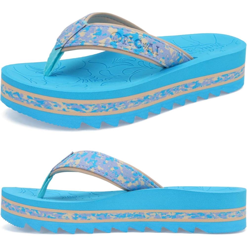 image:imageONCAI Flip Flops for Women Fashion Printed Platform Sandals Woman with Arch Support Yoga Mat Cushion Lightweight Summer Beach Outdoor Chunky NonSlip Rubber Soles US Size 511Blue