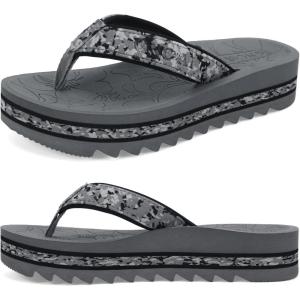 ONCAI Flip Flops for Women, Fashion Printed Platform Sandals Woman with Arch Support Yoga Mat Cushion, Lightweight Summer Beach Outdoor Chunky Non-Slip Rubber Soles US Size 5-11(Grey)