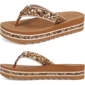 ONCAI Flip Flops for Women, Fashion Printed Platform Sandals Woman with Arch Support Yoga Mat Cushion, Lightweight Summer Beach Outdoor Chunky Non-Slip Rubber Soles US Size 5-11(Khaki)
