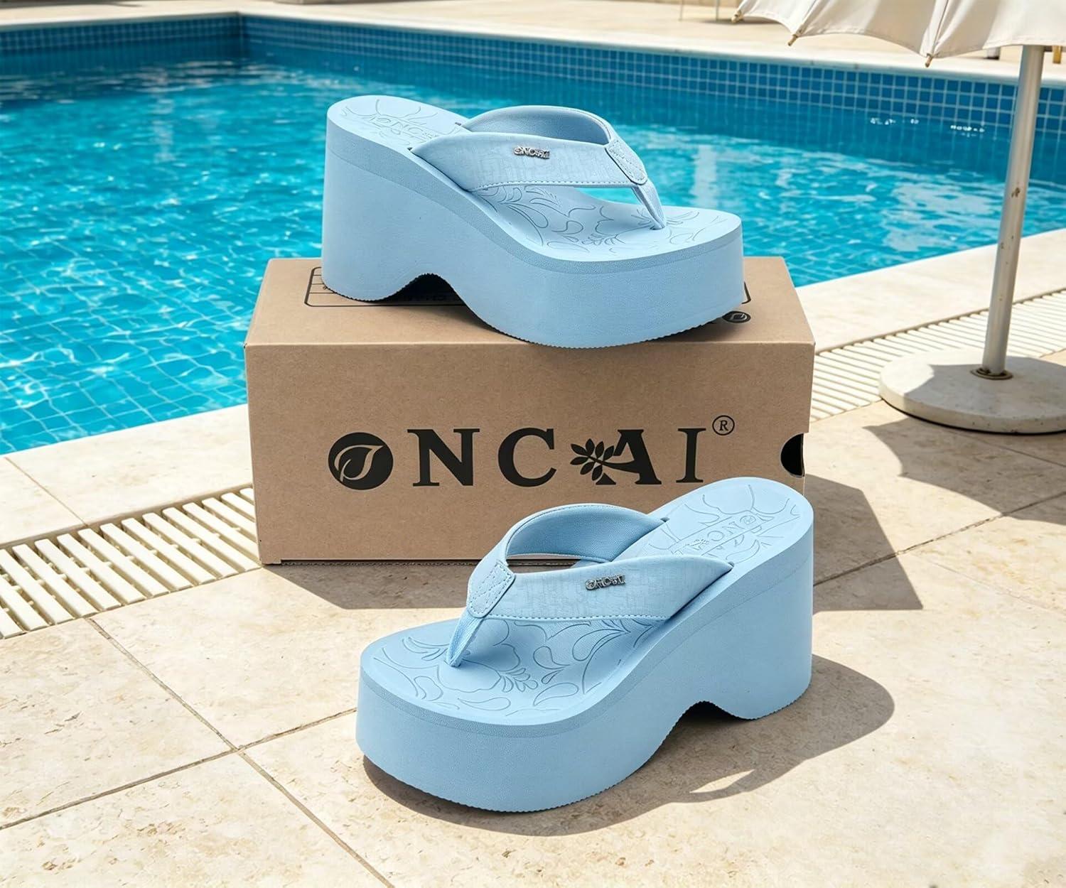 image:imageONCAI Womens Platform Chunky Sandals With Arch Support Trendy Fashion Summer Vacation Wedge Flip Flops for Women Soft Walking Outdoor Ladies Heels Shoes Rubber Soles US Size 511Sky Blue