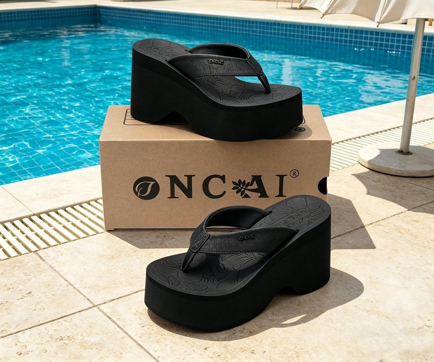 image:imageONCAI Womens Platform Chunky Sandals With Arch Support Trendy Fashion Summer Vacation Wedge Flip Flops for Women Soft Walking Outdoor Ladies Heels Shoes Rubber Soles US Size 511Black