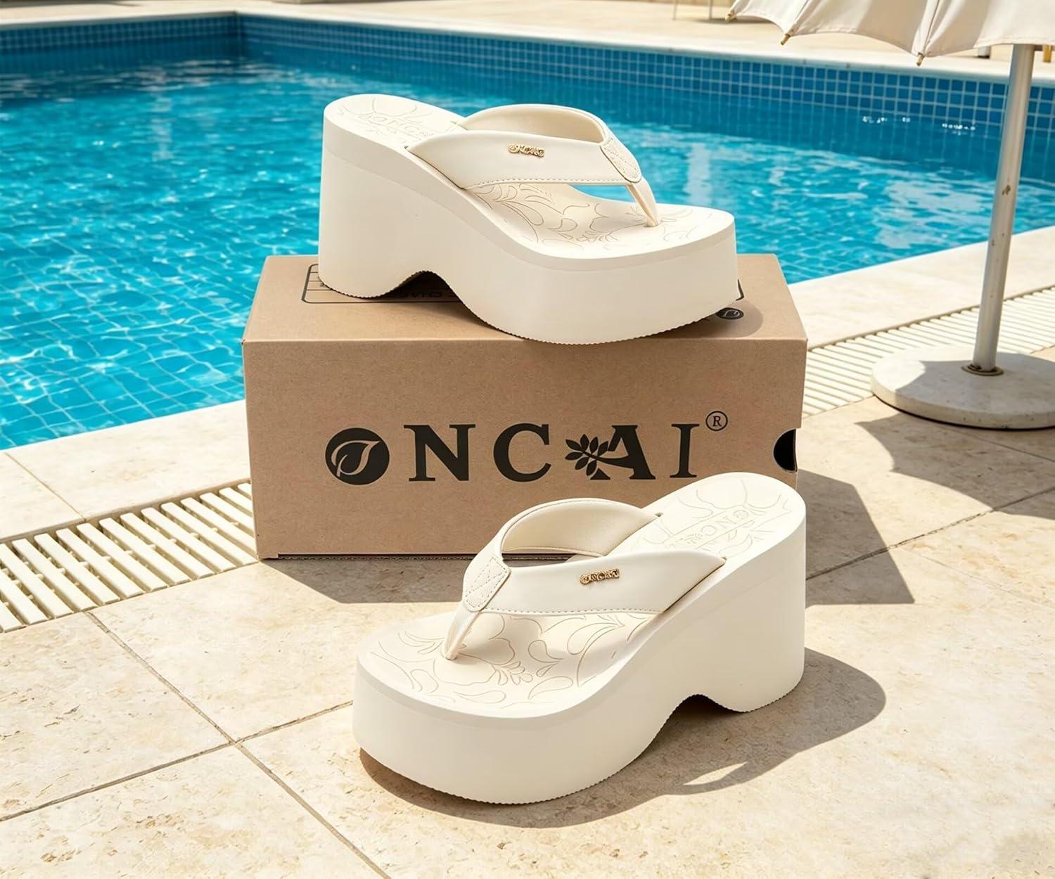 image:imageONCAI Womens Platform Chunky Sandals With Arch Support Trendy Fashion Summer Vacation Wedge Flip Flops for Women Soft Walking Outdoor Ladies Heels Shoes Rubber Soles US Size 511Offwhite