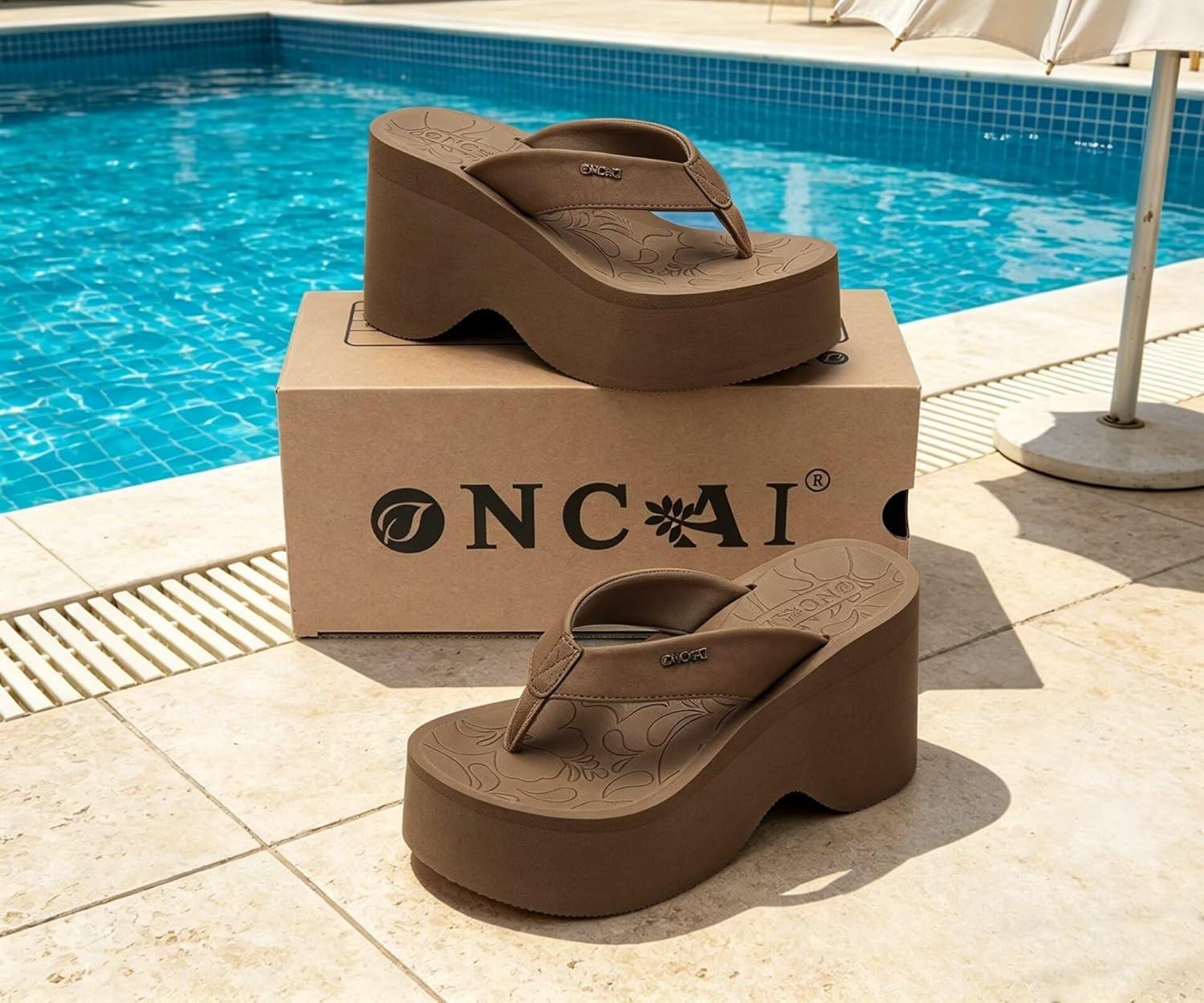 image:imageONCAI Womens Platform Chunky Sandals With Arch Support Trendy Fashion Summer Vacation Wedge Flip Flops for Women Soft Walking Outdoor Ladies Heels Shoes Rubber Soles US Size 511Brown