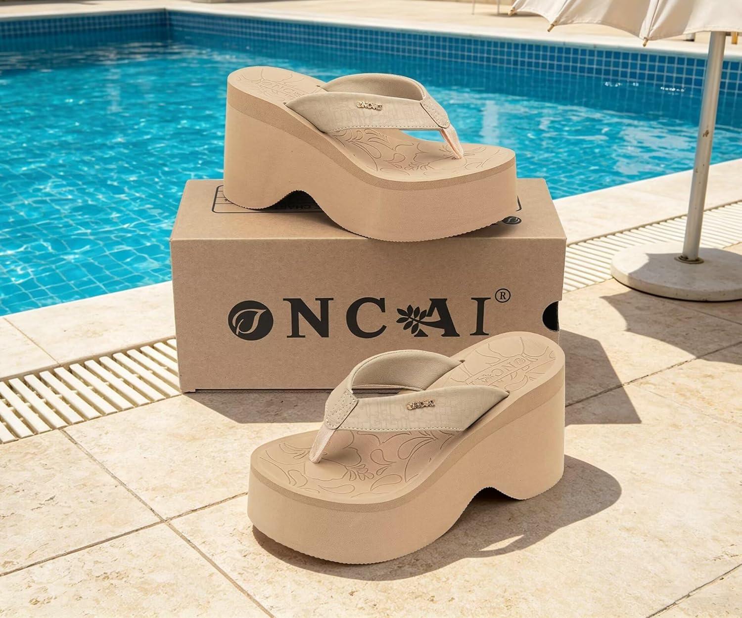 image:imageONCAI Womens Platform Chunky Sandals With Arch Support Trendy Fashion Summer Vacation Wedge Flip Flops for Women Soft Walking Outdoor Ladies Heels Shoes Rubber Soles US Size 511Beige