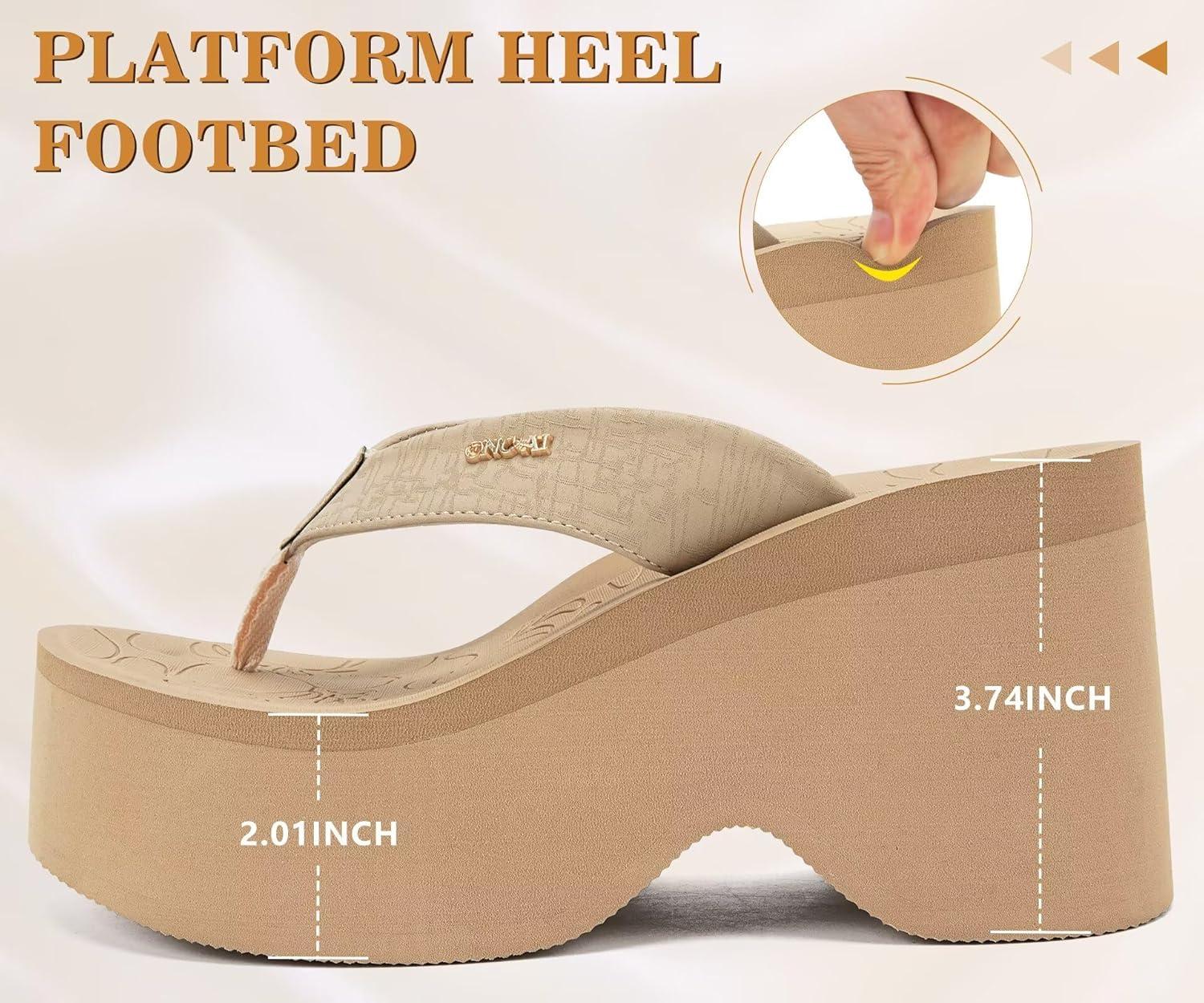image:imageONCAI Womens Platform Chunky Sandals With Arch Support Trendy Fashion Summer Vacation Wedge Flip Flops for Women Soft Walking Outdoor Ladies Heels Shoes Rubber Soles US Size 511Beige