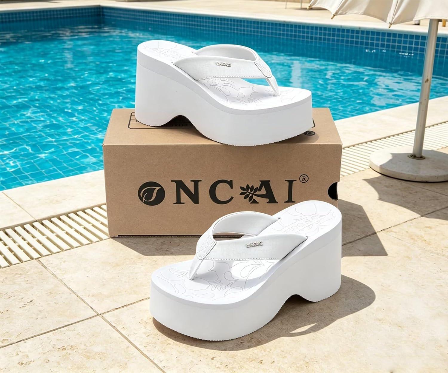 image:imageONCAI Womens Platform Chunky Sandals With Arch Support Trendy Fashion Summer Vacation Wedge Flip Flops for Women Soft Walking Outdoor Ladies Heels Shoes Rubber Soles US Size 511All White