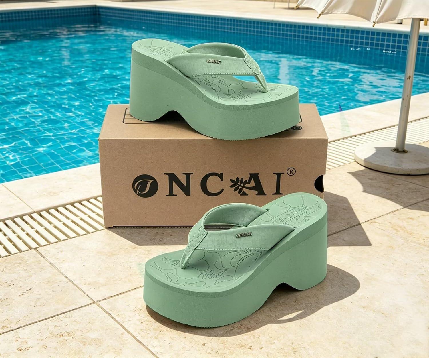 image:imageONCAI Womens Platform Chunky Sandals With Arch Support Trendy Fashion Summer Vacation Wedge Flip Flops for Women Soft Walking Outdoor Ladies Heels Shoes Rubber Soles US Size 511Green